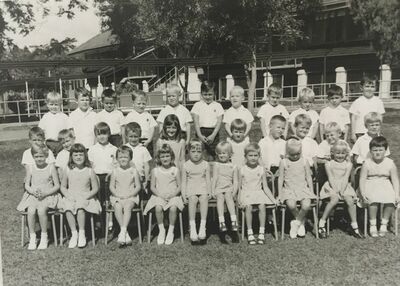 Class photo 1969
Front row: I am 4th from left, 5th from left Sally Ann Walker, last of right Margo Fairbairn.
Back row 3rd from left Rodney (can't remember his surname)
Must have been really sunny as most of us are squinting in the sunlight!
