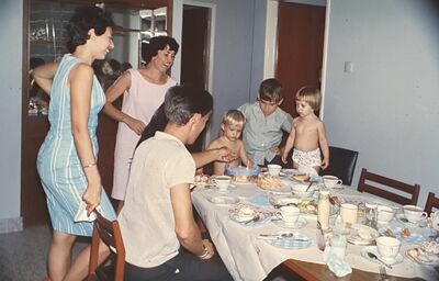 2nd Birthday Party for my brother Chris 1967. L-R Standing: Anne Latham, Mae Moffett. L-R Sitting: Barry Latham, Chris Moffett, Dave Moffett, Suzanne Latham
Keywords: Christopher Moffett;David Moffett;Mae Moffett;Barry Latham;Ann Latham;Suzanne Latham;Birthdays;Parties