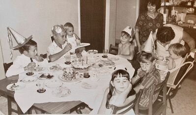 Dave Moffett’s 9th Birthday Party: Clockwise: Unknown x 2, Chris Moffett (in high chair), Dave Moffett, Helen (our amah), Ann Latham, Suzanne Latham, Unknown, Gill Moffett
Keywords: David Moffett;Christopher Moffett;Gillian Moffett;Ann Latham;Suzanne Latham;Amah;1967;Birthdays