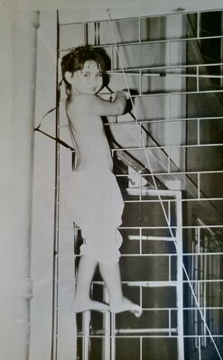 My sister Gill Moffett climbing safety bars on our 8th floor balcony at Pacific Mansions, April 1966
Keywords: Gillian Moffett;Pacific Mansions;1966