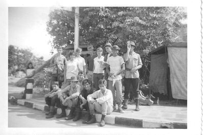 Waiting at Sembawang Feb 2 1963
Back LtR - Dav Myers, Pam Walker, Margaret Roxburgh, Alister McLoed, Dawn Thomas, Chris Lockwood, Gordon Lowe, William Goddard
Front LtR - Yogi Vallendar, Jim Parker, Alan Walker, Dav Shail, Ian Sutherland
