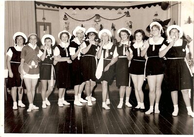Singapore Naval Base - Dockyard Club New Years Eve (Ladies) 1958 
Dockyard Club New Years Eve Fancy Dress Ball 1958. Some of the ladies dress up as St Trinians school girls. (They won 2nd Prize). Photo by T K Lee Sembawang Photo Services. 
Keywords: T K Lee;Sembawang Photo Services;Fancy Dress;St Trinians